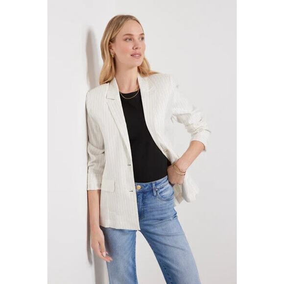 Evereve Taylor Ivory PinStripe Blazer Jacket Linen Blend Size Small - Picture 1 of 8